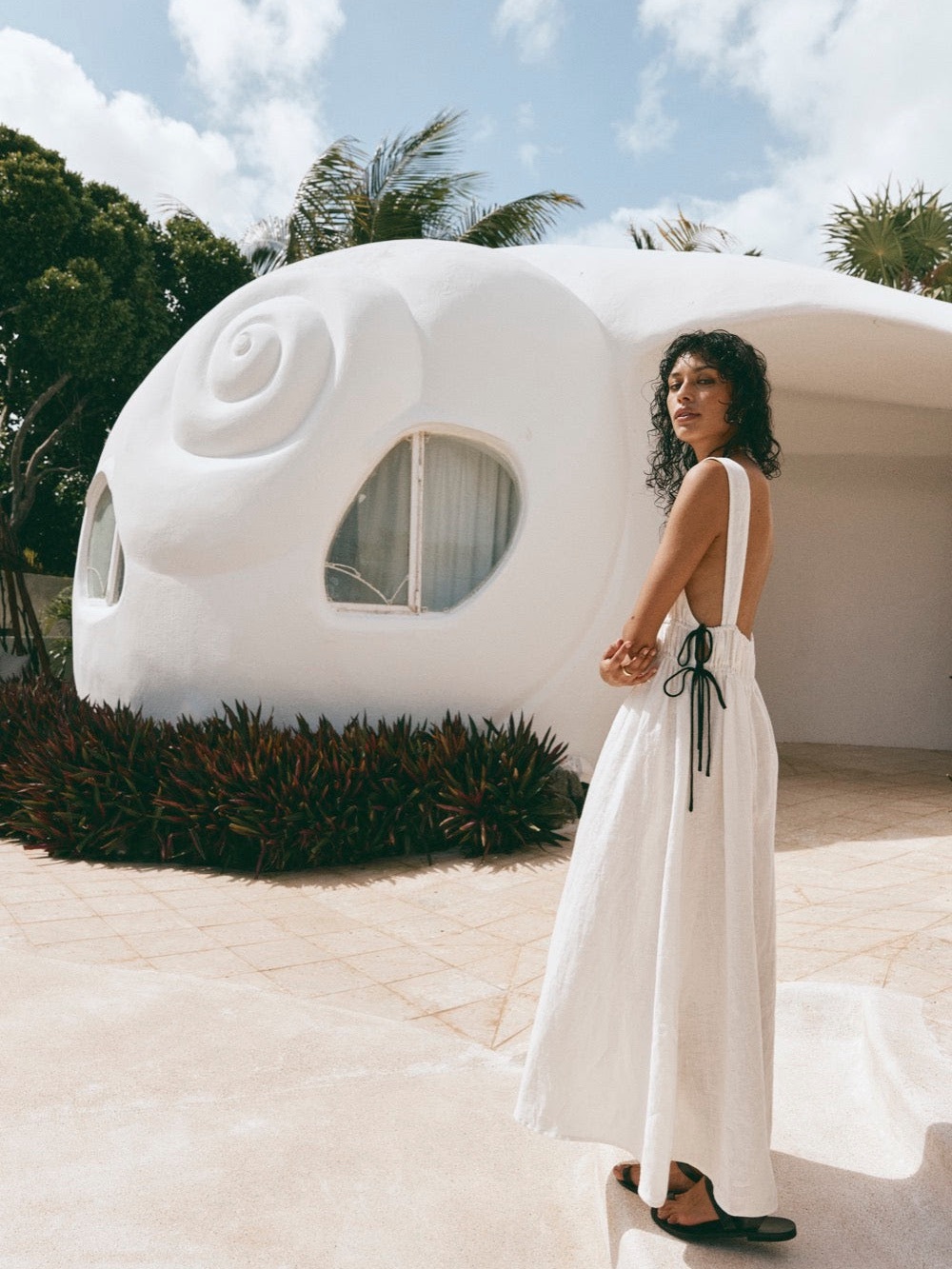 VRG GRL Paros Palms Linen Midi Dress White